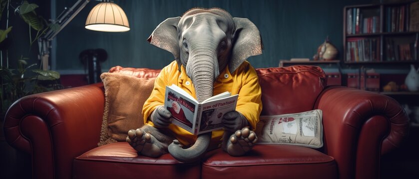 elephant reading book on sofa, learning and knowladge concept