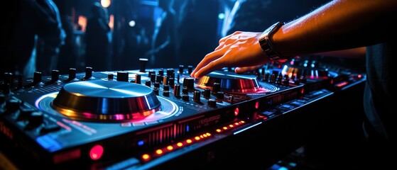 hand of female dj control on a mixer table in a disco club - obrazy, fototapety, plakaty