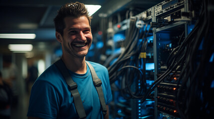 A friendly IT technician in a server room, managing and troubleshooting network equipment