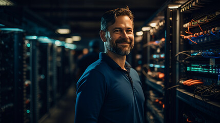 Fototapeta premium A friendly IT technician in a server room, managing and troubleshooting network equipment