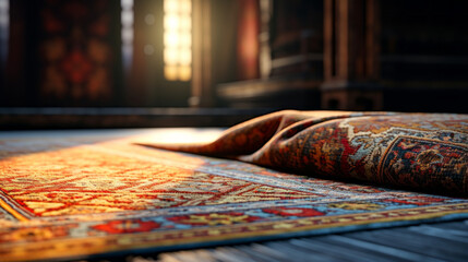 An elaborate rug with abstract patterns and a vibrant border