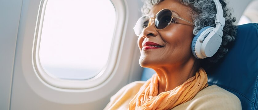 happy mature senior woman in airplane travel