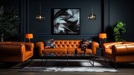 large living room with modern interior design with orange leather sofas and chairs for home against the background of a dark classic wall