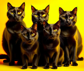 Four black beautiful cats on a plain background