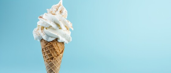 Melting ice cream cone on soft blue background in studio