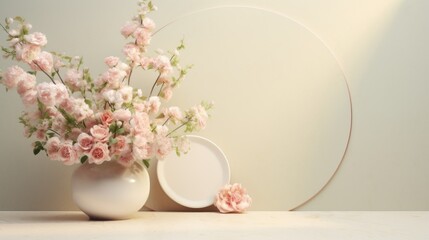Vase with pink flowers on wooden table and white wall background.