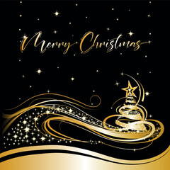 Black Christmas background with golden ribbon tree. Stars and Merry Christmas inscription