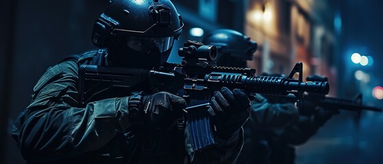 Fototapeta na wymiar special forces soldier polices group with high technology gun and weapon working in night city