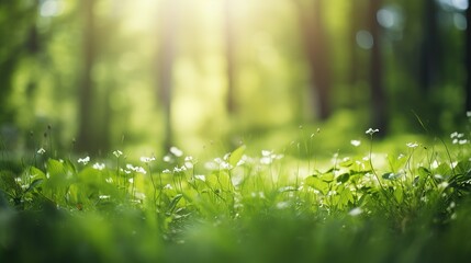 Fototapeta na wymiar Summer Beautiful spring perfect natural landscape background, Defocused green trees in forest with wild grass and sun beams