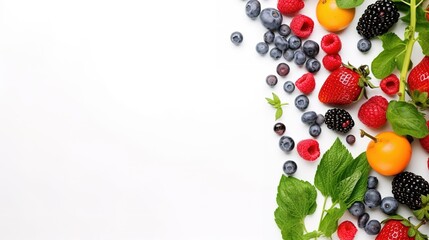 top view of fresh fruits, vegetables and berries on white background