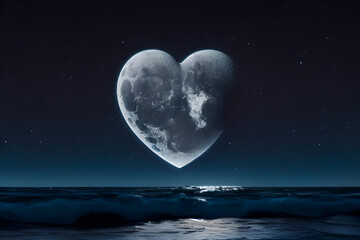 Heart shaped moon over the sea at night time. - Generative AI