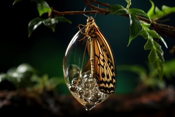 A macro photograph of a swallowtail butterfly emerging from its chrysalis