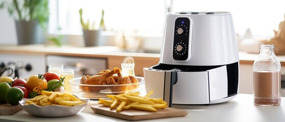 White air fryer or oil free fryer appliance on the wooden table with cement wall kitchen - obrazy, fototapety, plakaty
