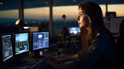 Woman working as air traffic controller in airport control tower - obrazy, fototapety, plakaty