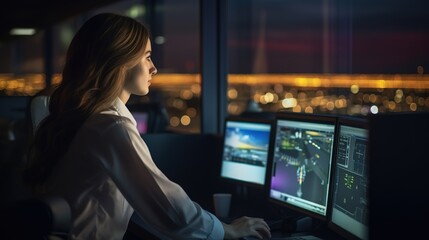 Woman working as air traffic controller in airport control tower - obrazy, fototapety, plakaty