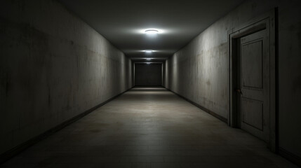 An eerie hallway with dim lighting and a solitary door at the end