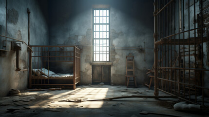 An eerie, deserted prison cell with rusty bars and a damp floor
