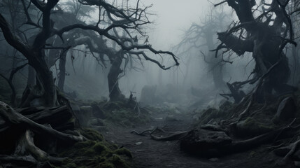 An eerie, dark forest with twisted branches and a strange mist in the air - obrazy, fototapety, plakaty