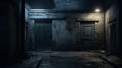Fototapeta na wymiar An eerie, dark alleyway with a single lamp and a strange door at the end