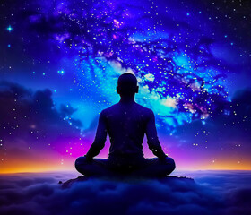 Transcendental chakras, cosmic meditation, human silhouette. Concept of meditation, spirituality, enlightenment