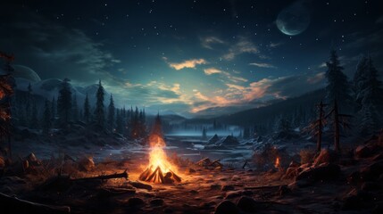 fire in the forest, a campfire burning in the snowy taiga, generative ai