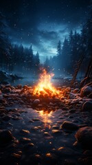 fire in the forest, a campfire burning in the snowy taiga, generative ai - obrazy, fototapety, plakaty