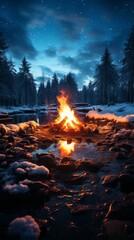 fire in the forest, a campfire burning in the snowy taiga, generative ai