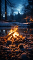 Fototapeta premium fire in the forest, a campfire burning in the snowy taiga, generative ai