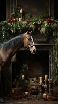 christmas spirit and horse in decorated room, generative ai