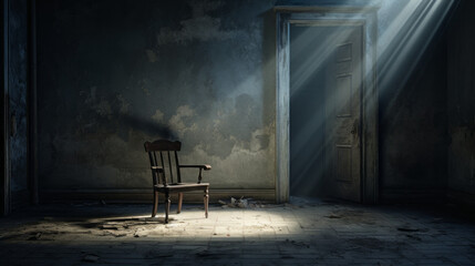 An eerie, abandoned hallway with a single chair in the corner and a mysterious door - obrazy, fototapety, plakaty