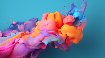 Abstract 3d background illustration of a colored floating liquid ink in the trend colors pink, orange, blue purple on light blue background. Colourful splash of fluid wave. Banner with copy space.