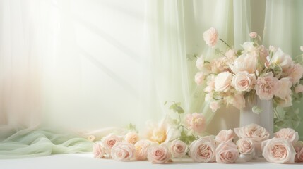 Bouquet of pink roses in vase on white table and curtain background