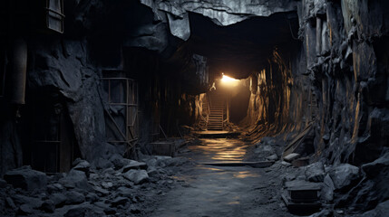 An eerie, abandoned mine with strange markings on the walls - obrazy, fototapety, plakaty