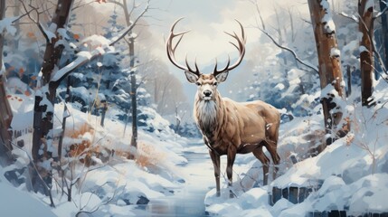 Naklejka na ściany i meble deer in the forest, beautiful deer in snowy forest, generative ai