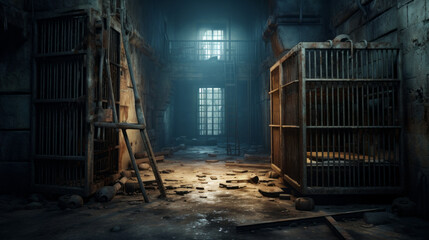 An eerie, abandoned prison cell with rusty bars and a damp floor