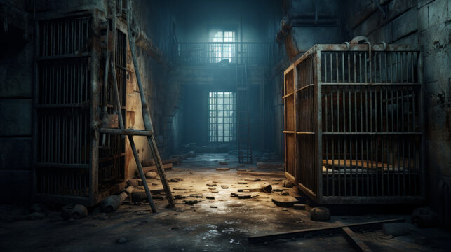 An eerie, abandoned prison cell with rusty bars and a damp floor