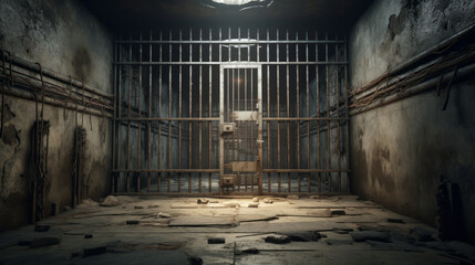 An eerie, abandoned prison cell with rusty bars and a damp floor - obrazy, fototapety, plakaty