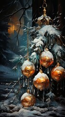 silver christmas ball on snow, christmas background with green tree and balls as decoration, generative ai