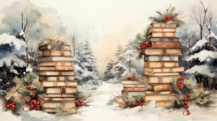 stack of christmas presents, christmas card with books in pile, generative ai