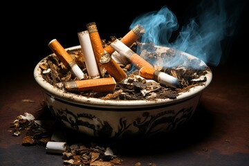 ashtray with smoking cigarettes on a plain background. Generative AI