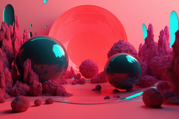 Surreal metaverse landscape in virtual reality with red sun