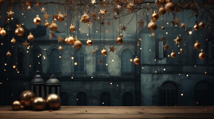 Fototapeta na wymiar christmas tree with stars, christmas darkgreen background with gold decorations, generative ai