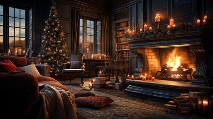 Obraz na płótnie Canvas fireplace with christmas decorations, christmas time in family room with decorations, fireplace and christmas tree, generative ai