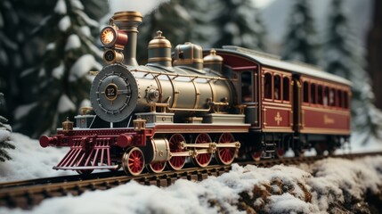 old train on the railway, christmas train miniature, generative ai - obrazy, fototapety, plakaty