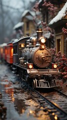 old train on the railway, christmas train miniature, generative ai
