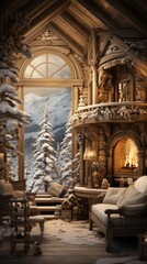 interior of the church, fireplace with christmas decorations, christmas tree log cabin and fireplace, generative ai