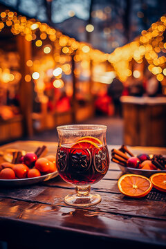 hot mulled wine in a glass at the Christmas market in the evening