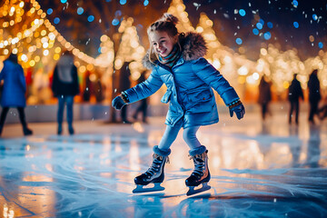 a little girl rides on a city ice rink in winter - obrazy, fototapety, plakaty