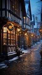 Fototapeta na wymiar view of the old town country, winter wonderland village with snow and lanterns, generative ai
