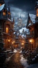 Fototapeta na wymiar view of the old town country, winter wonderland village with snow and lanterns, generative ai